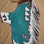 Bronc Chap, Teal, white & black with Maple Leaf Carving, Brand & Initiales