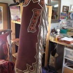 Bronc Chaps,med-brown & silver  with Maple Leaf Carving