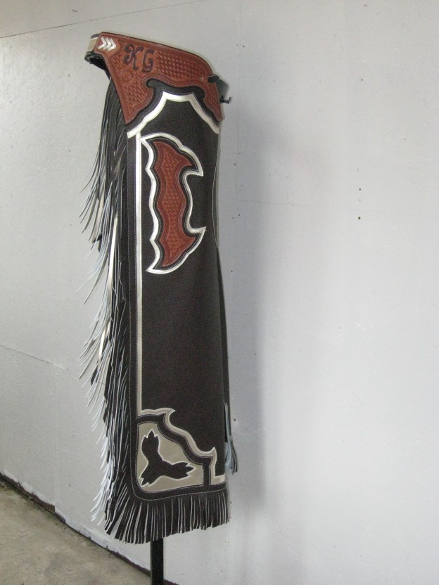 Bull Riding Chaps, brown & silver with Carved Initiales CK Leather